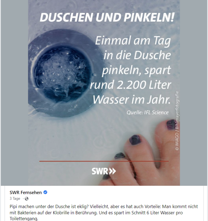 Facebook-Infografik vom Südwest-Rundfunk: In die Dusche pinkeln spart Wasser