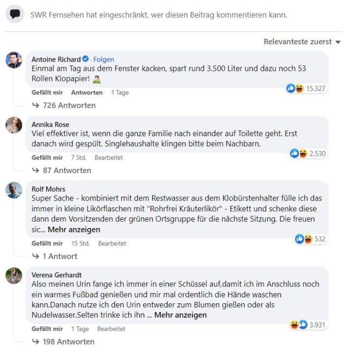 Screenshot: Spöttische Kommentare mit Tausenden Likes