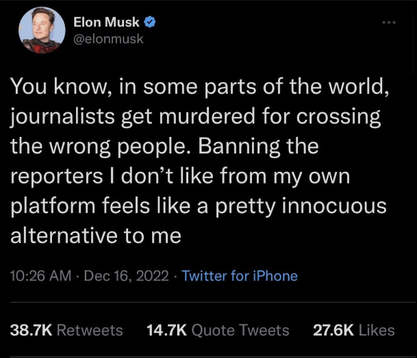 Gefälschter Tweet von Musk: 'You know, in some parts of the world, journalists get murdered for crossing the wrong people. Banning the reporters I don't like from my own platform feels like a pretty innocuous alternative to me'